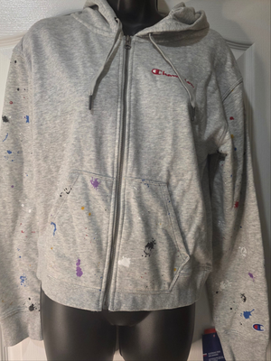 Champion Grey Paint Splatter Full Zip Hoodie (Size Small)