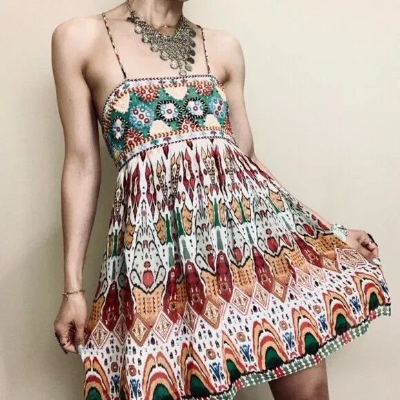 Embroidered Boho Criss Cross Mini Dress
