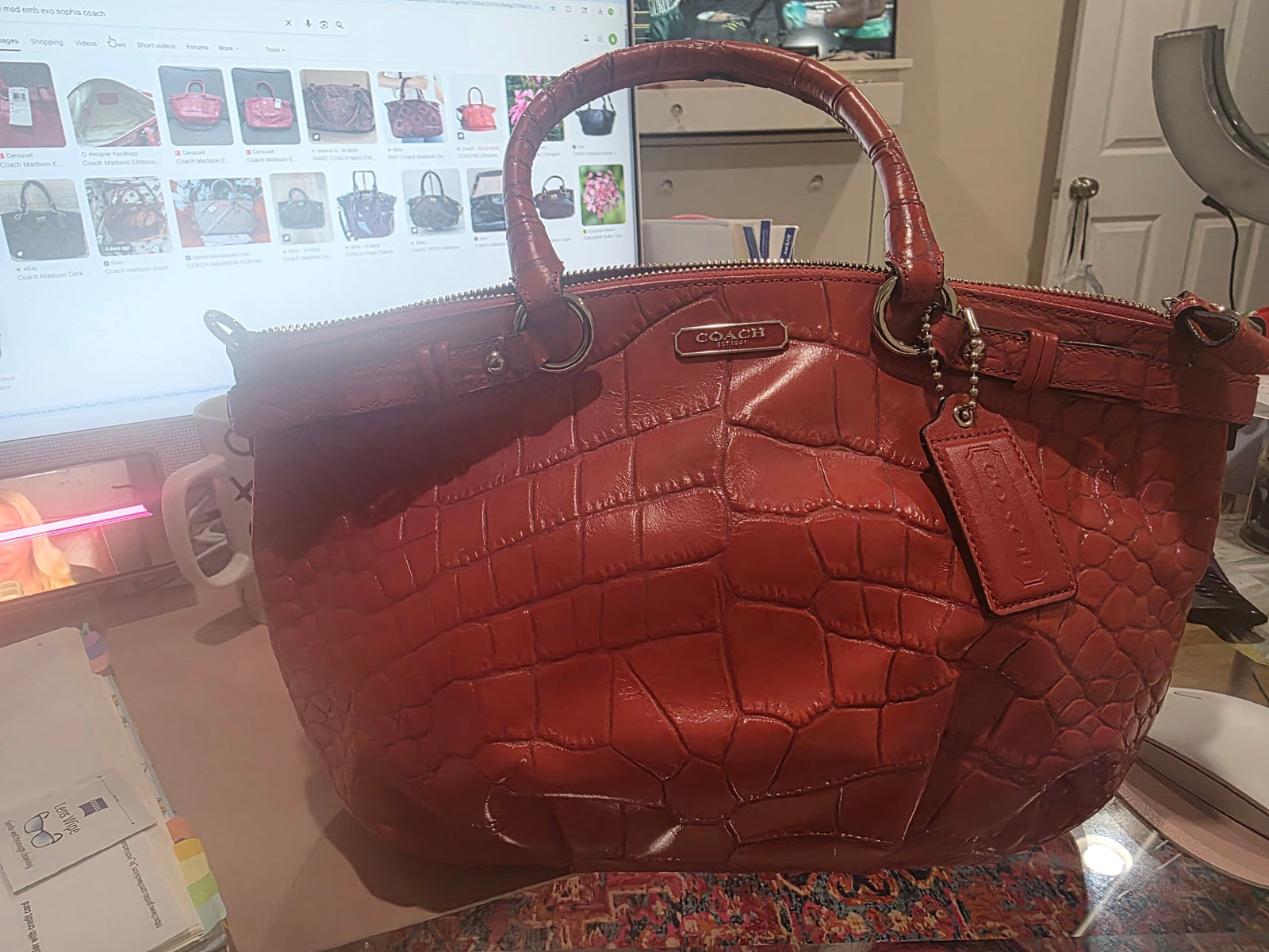 Coach Madison Embossed Exotic Sophia Satchel/ Shoulder Bag Geranium