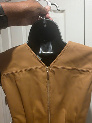 Calvin Klein Taupe Faux Leather Sleeveless Crewneck Solid Sheath Tie Wasted Dress (Size 2)