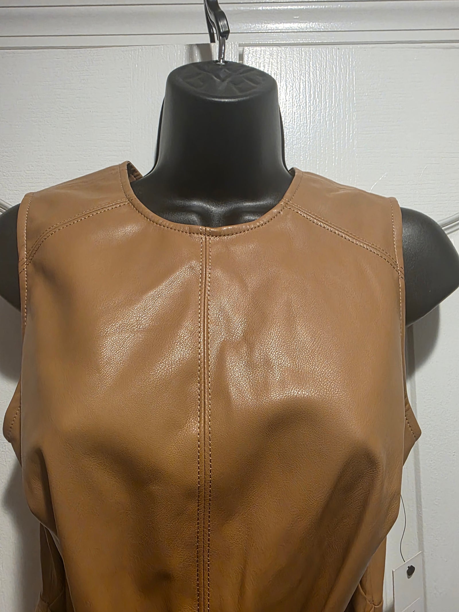 Calvin Klein Taupe Faux Leather Sleeveless Crewneck Solid Sheath Tie Wasted Dress (Size 2)