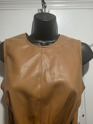 Calvin Klein Taupe Faux Leather Sleeveless Crewneck Solid Sheath Tie Wasted Dress (Size 2)