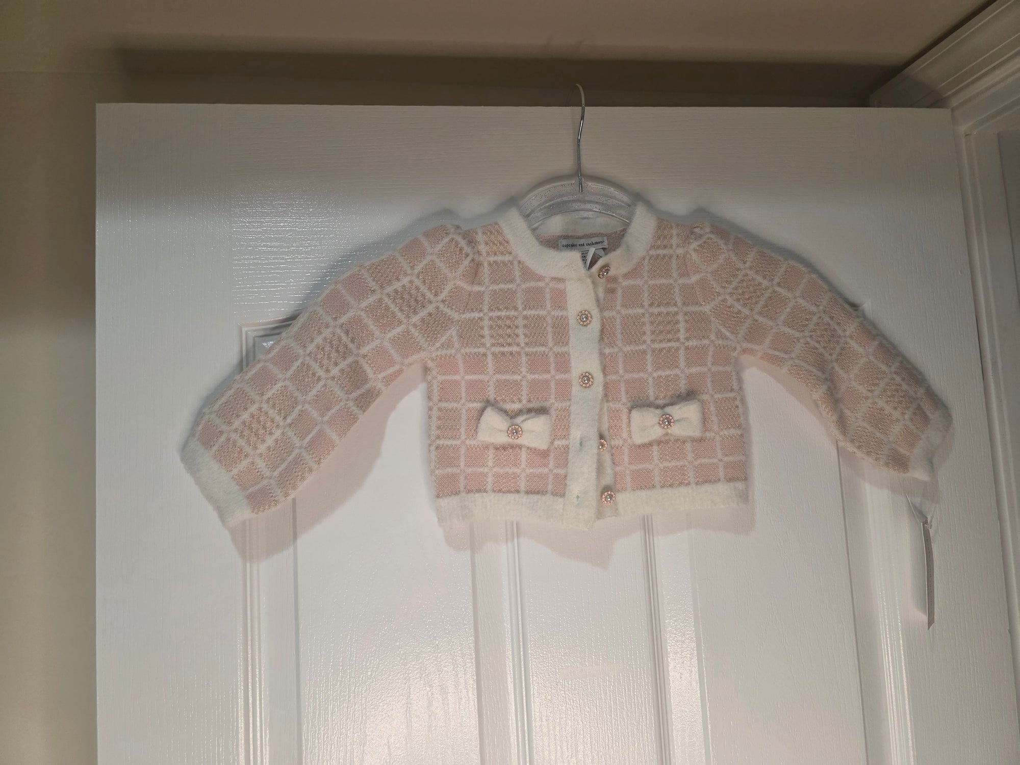 Cupcake and Cashmere Toddler/Girls (12 Months) Pink Cream Gold Threading Plaid Pattern Knit Cardigan