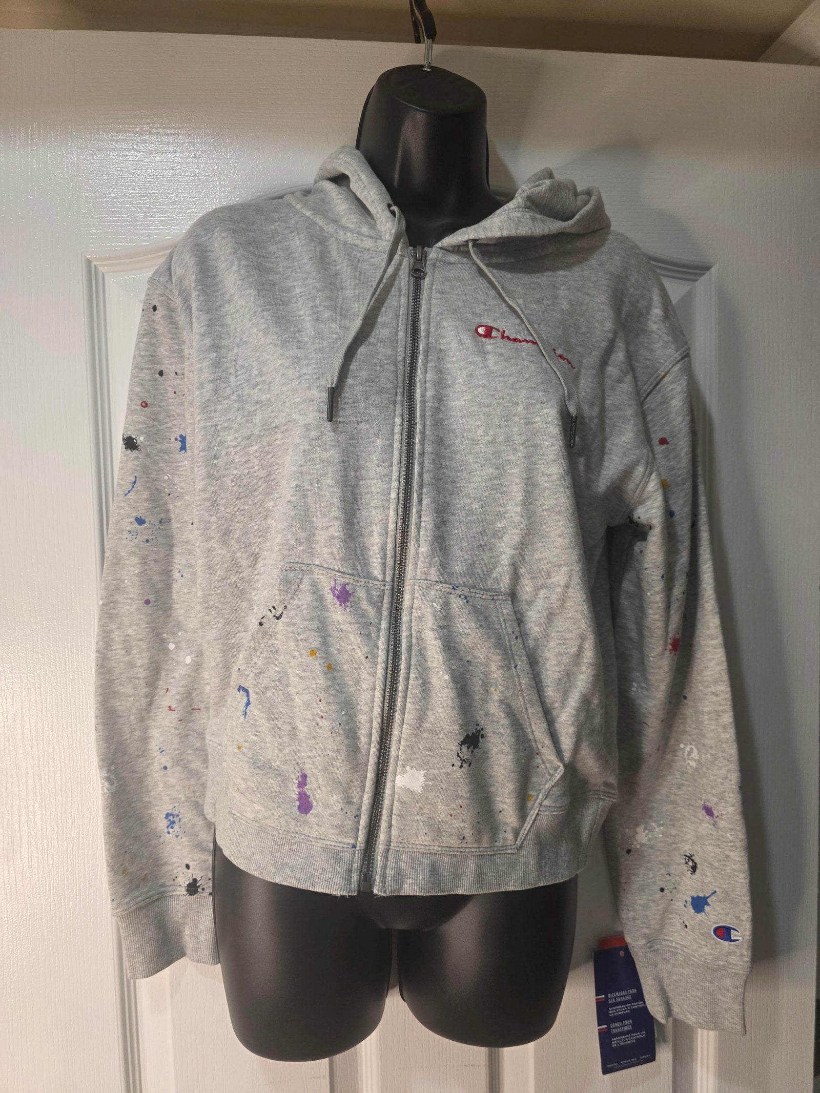 Champion Grey Paint Splatter Full Zip Hoodie (Size Small)