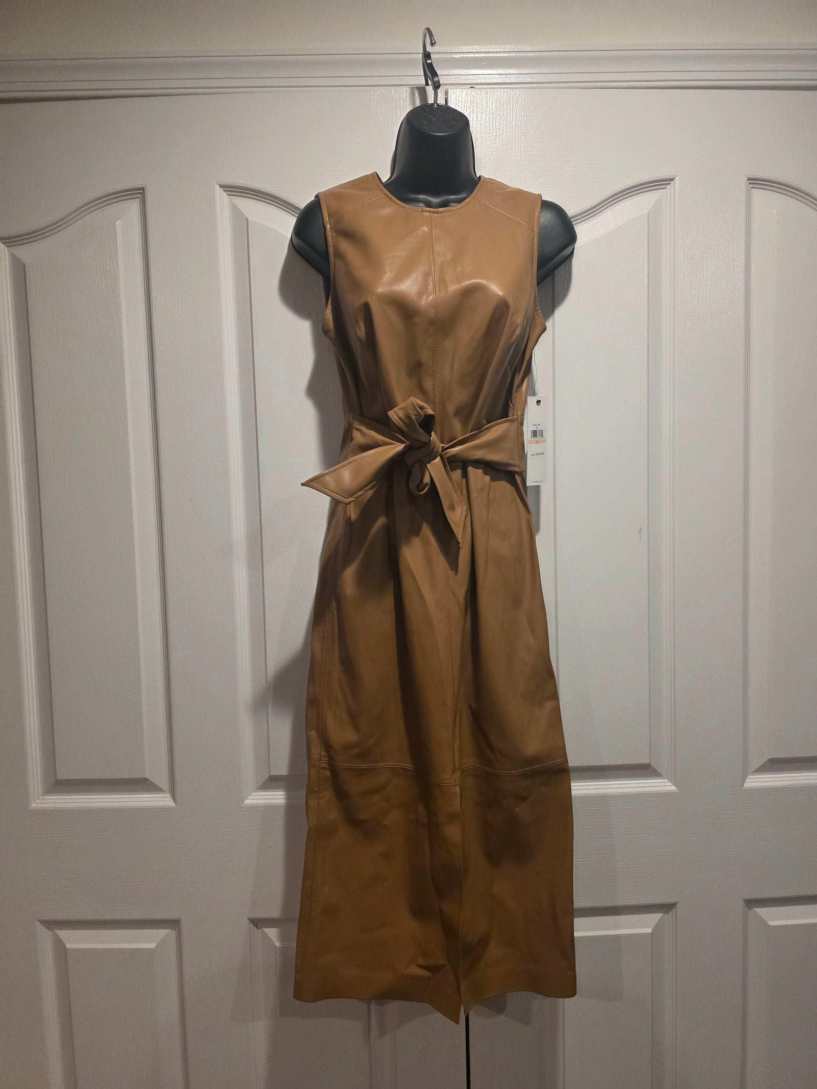 Calvin Klein Taupe Faux Leather Sleeveless Crewneck Solid Sheath Tie Wasted Dress (Size 2)