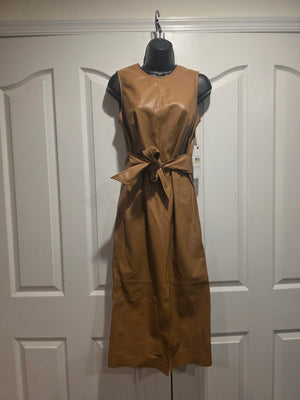 Calvin Klein Taupe Faux Leather Sleeveless Crewneck Solid Sheath Tie Wasted Dress (Size 2)