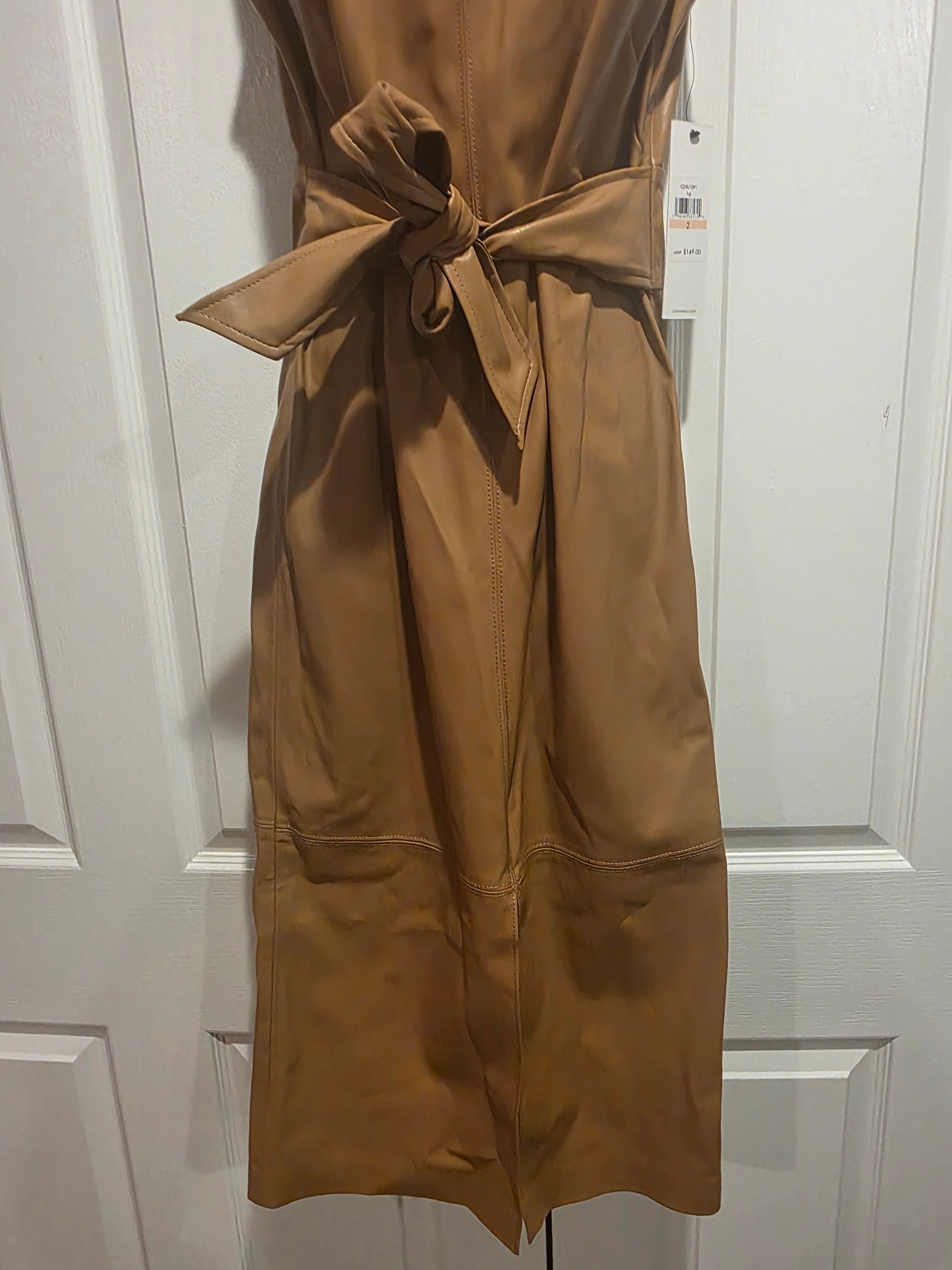 Calvin Klein Taupe Faux Leather Sleeveless Crewneck Solid Sheath Tie W