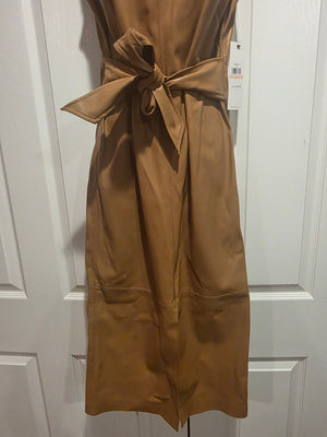 Calvin Klein Taupe Faux Leather Sleeveless Crewneck Solid Sheath Tie Wasted Dress (Size 2)