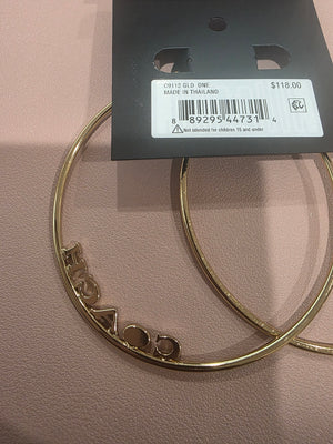 Large Gold Plated Signature Logo with Simulated Diamond Hoop Earrings