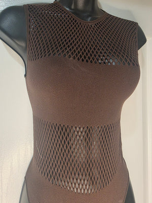NWT Zara Women's  M-L Brown Cotton Blend Crochet-Like Bodysuit Snap Closure
