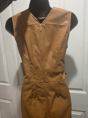 Calvin Klein Taupe Faux Leather Sleeveless Crewneck Solid Sheath Tie Wasted Dress (Size 2)