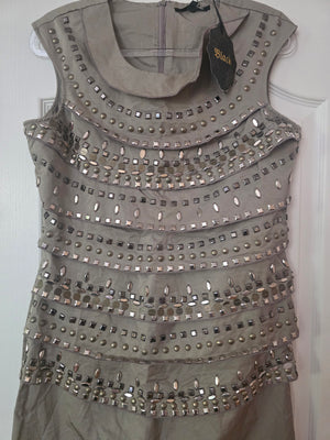Womens Taupe Metal Accent Bead Dress (Size Large)