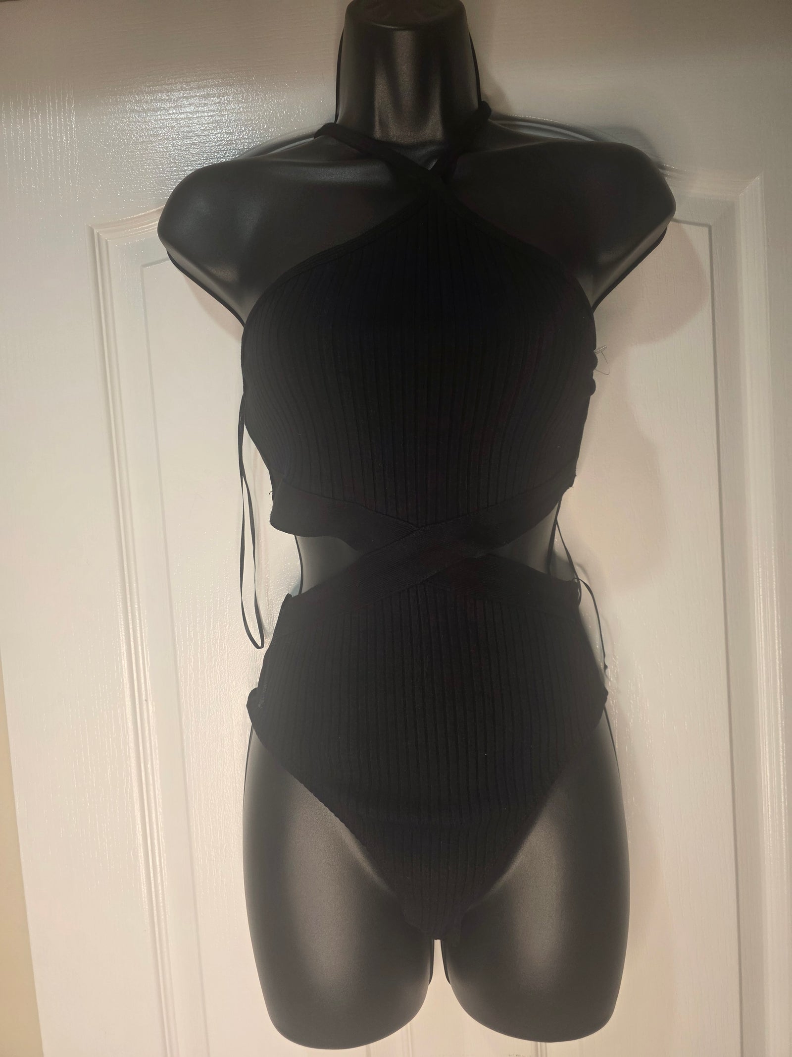 NWT Zara Women's S Black Ribbed Cotton Blend Cutout Bodysuit Snap Closure