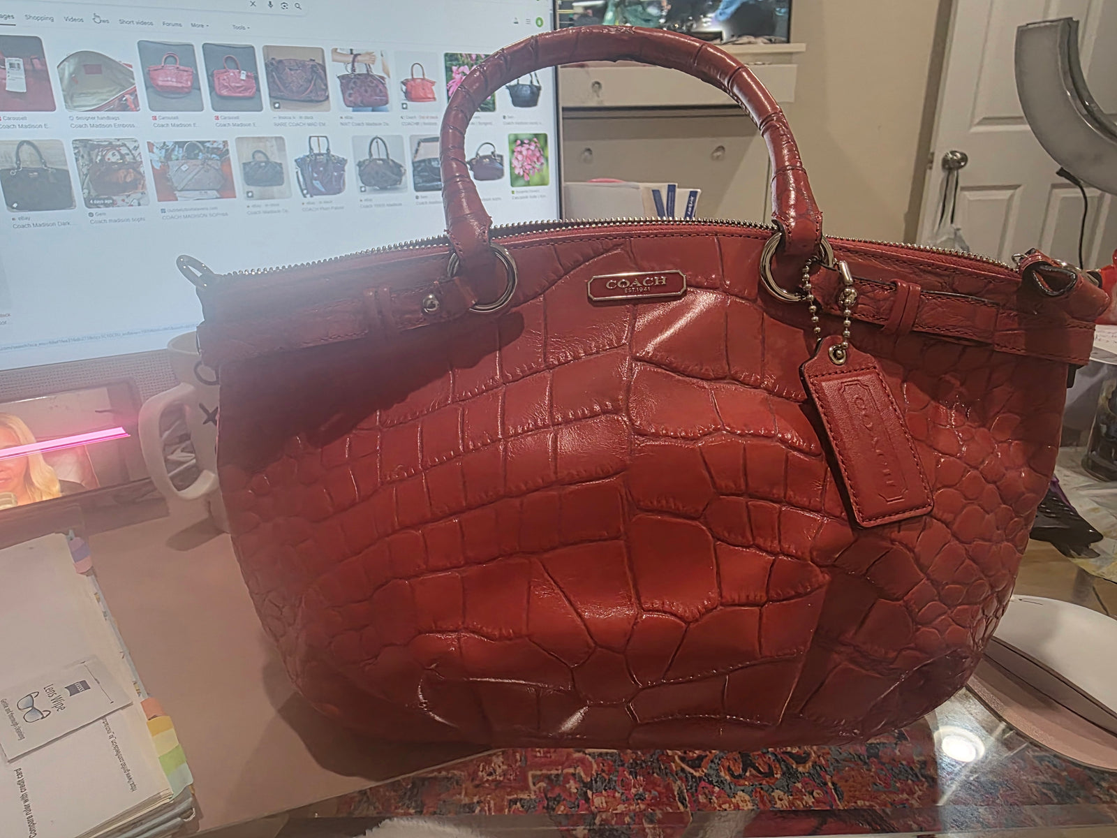 Coach Madison Embossed Exotic Sophia Satchel/ Shoulder Bag Geranium