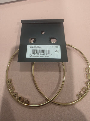 Large Gold Plated Signature Logo with Simulated Diamond Hoop Earrings