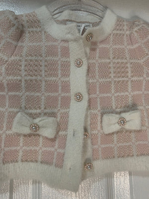 Cupcake and Cashmere Toddler/Girls (12 Months) Pink Cream Gold Threading Plaid Pattern Knit Cardigan