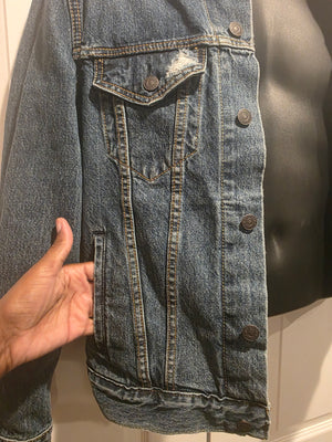 Levi's Original Trucker Ripped Denim Jean Dark Wash Frayed Jacket (Size Small)