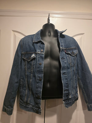 Levi's Original Trucker Ripped Denim Jean Dark Wash Frayed Jacket (Size Small)