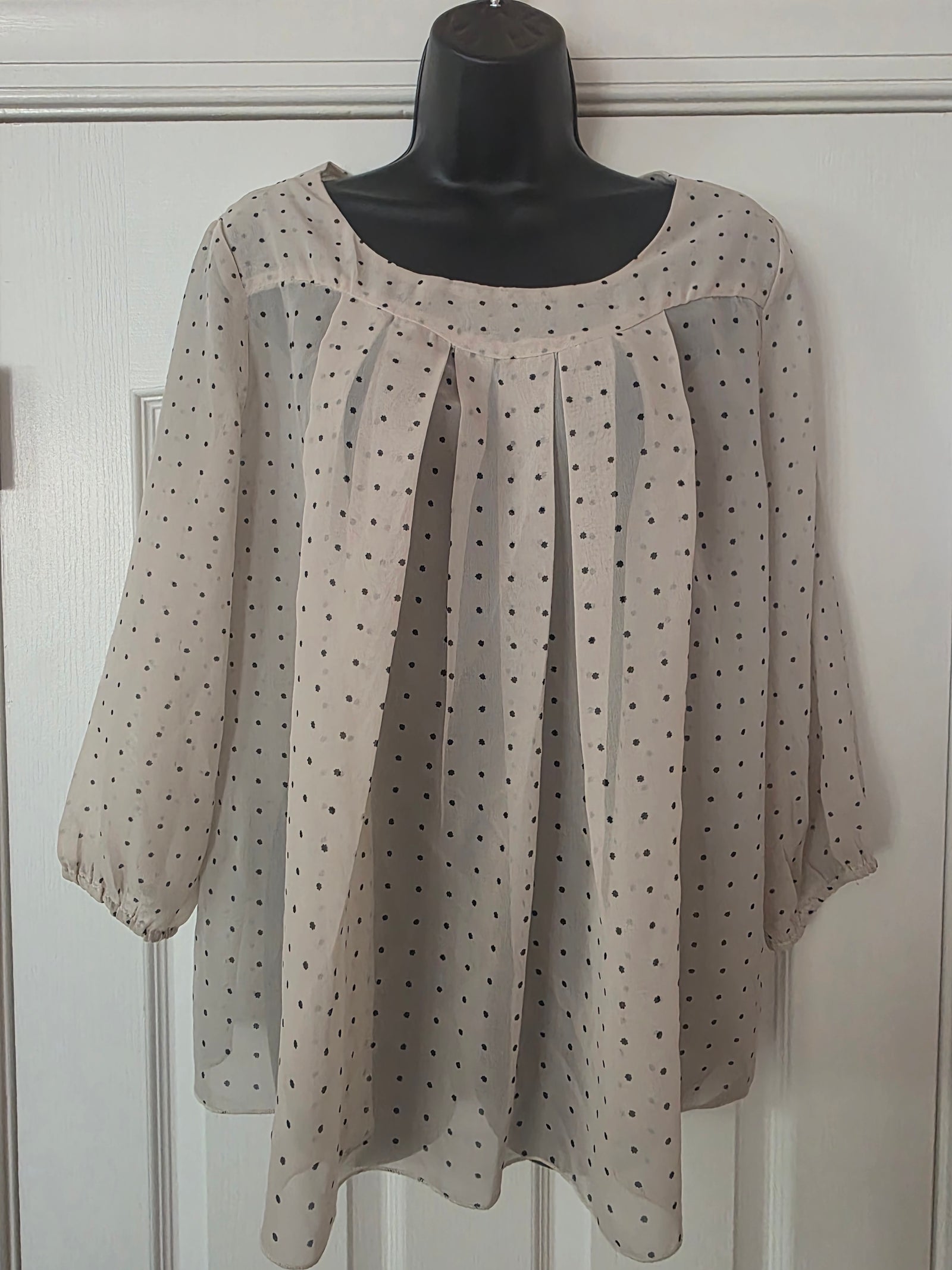 Womens Sheer Beige Polka Dot Flowy Top (Medium)
