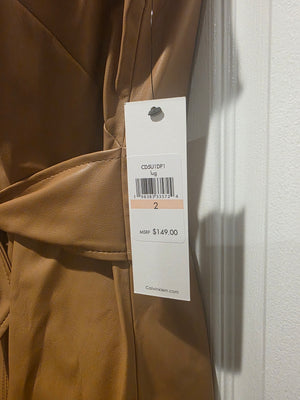 Calvin Klein Taupe Faux Leather Sleeveless Crewneck Solid Sheath Tie Wasted Dress (Size 2)