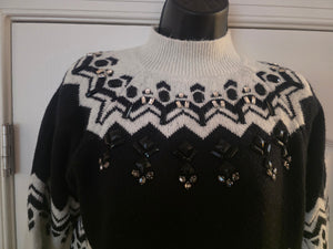 Anne Taylor Jeweled Faire Isle Black & White Sweater (PETITE Extra Small) - Gently Used