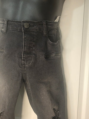 BoohooMAN Super Skinny Blow Out Ripped Knee Jeans (Washed Black 34R)