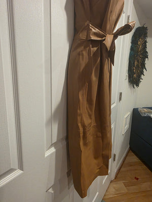 Calvin Klein Taupe Faux Leather Sleeveless Crewneck Solid Sheath Tie Wasted Dress (Size 2)