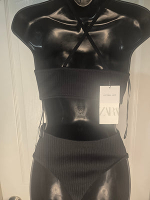 NWT Zara Women's S Black Ribbed Cotton Blend Cutout Bodysuit Snap Closure