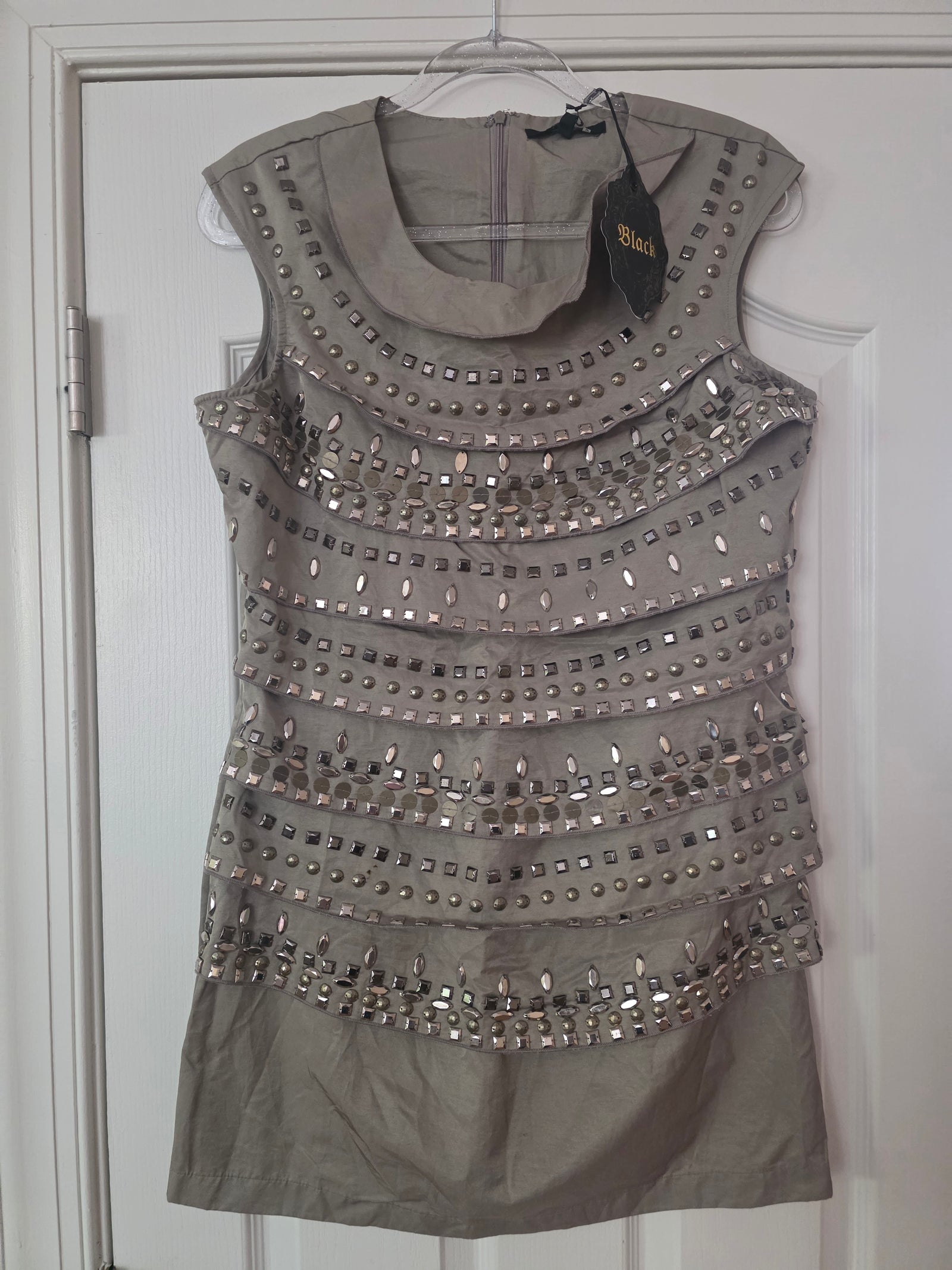 Womens Taupe Metal Accent Bead Dress (Size Large)
