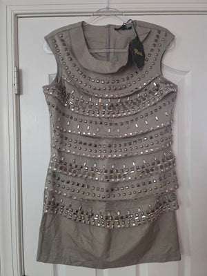 Womens Taupe Metal Accent Bead Dress (Size Large)