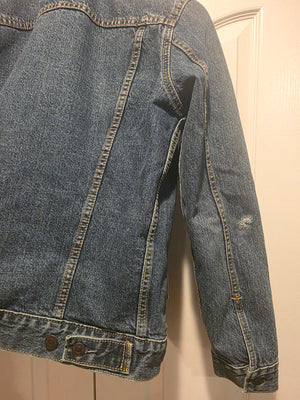 Levi's Original Trucker Ripped Denim Jean Dark Wash Frayed Jacket (Size Small)