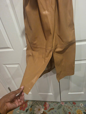 Calvin Klein Taupe Faux Leather Sleeveless Crewneck Solid Sheath Tie Wasted Dress (Size 2)