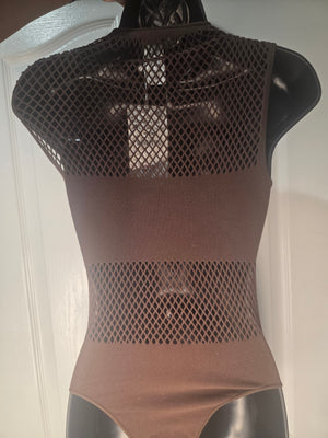 NWT Zara Women's  M-L Brown Cotton Blend Crochet-Like Bodysuit Snap Closure