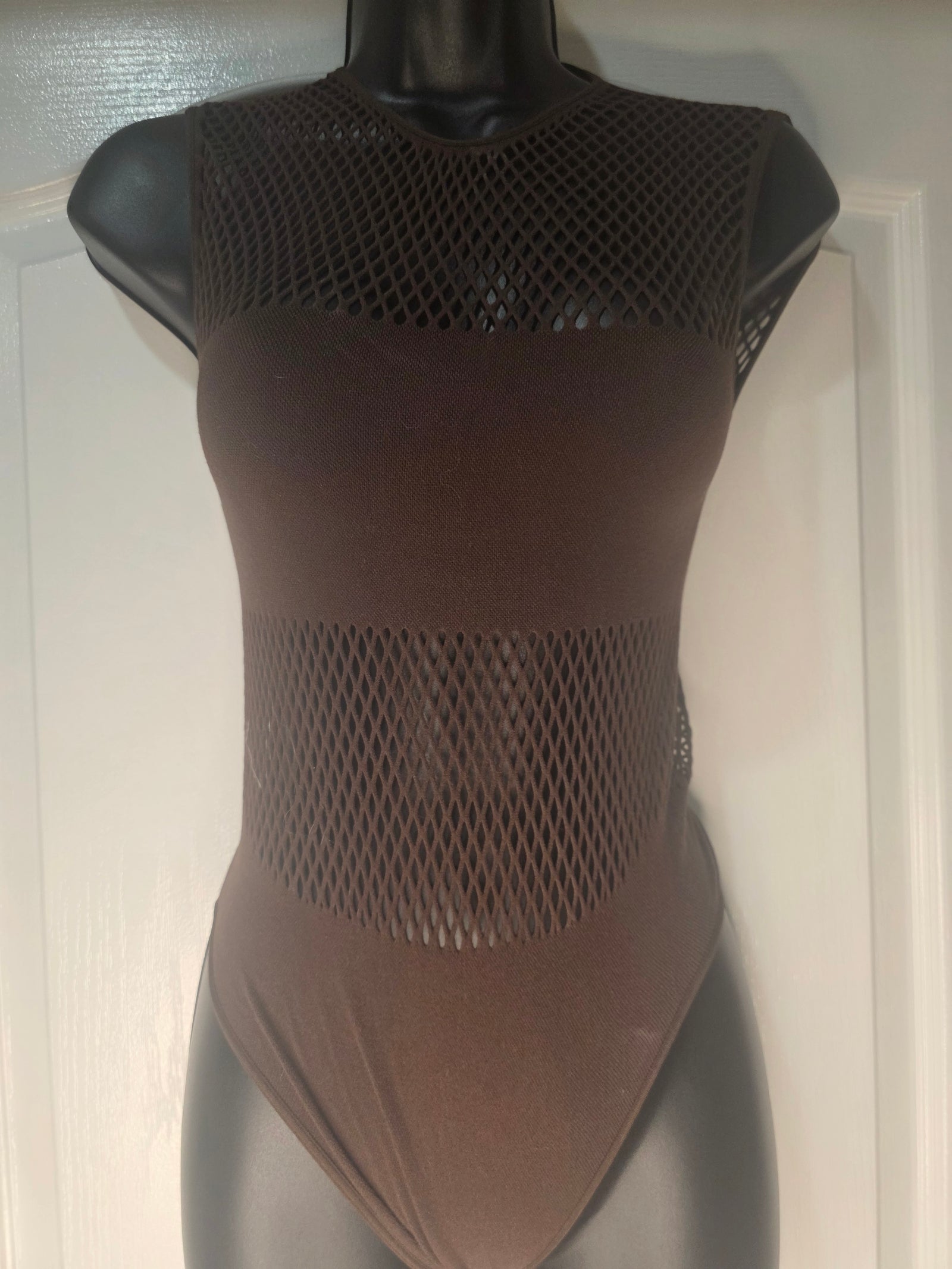 NWT Zara Women's  M-L Brown Cotton Blend Crochet-Like Bodysuit Snap Closure