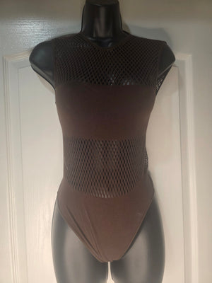 NWT Zara Women's  M-L Brown Cotton Blend Crochet-Like Bodysuit Snap Closure