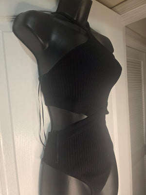 NWT Zara Women's S Black Ribbed Cotton Blend Cutout Bodysuit Snap Closure