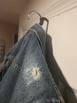 Levi's Original Trucker Ripped Denim Jean Dark Wash Frayed Jacket (Size Small)