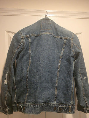 Levi's Original Trucker Ripped Denim Jean Dark Wash Frayed Jacket (Size Small)