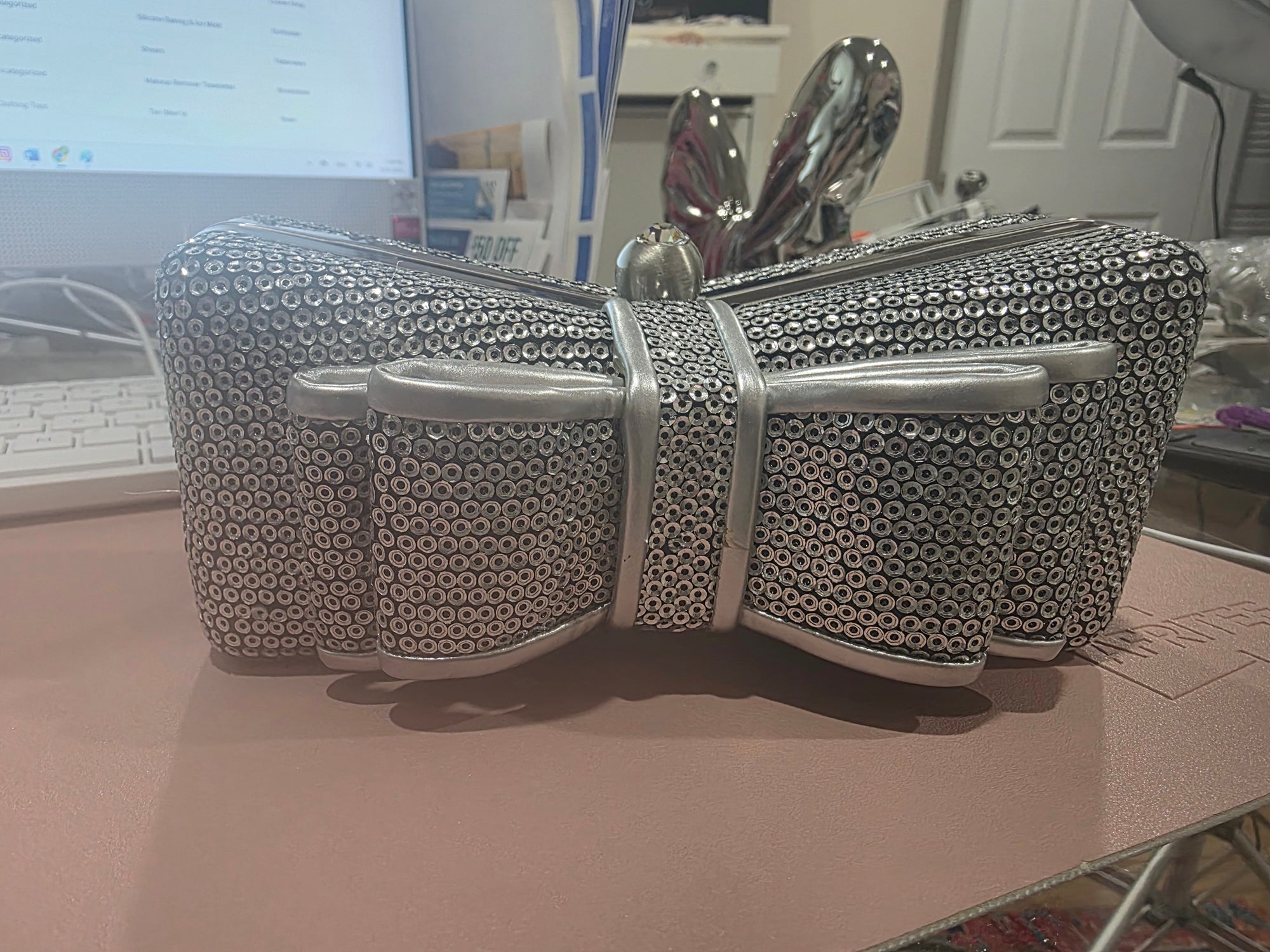 Silver Sequin Bow/Ribbon Mini Shoulder Bag/Clutch
