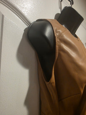 Calvin Klein Taupe Faux Leather Sleeveless Crewneck Solid Sheath Tie Wasted Dress (Size 2)