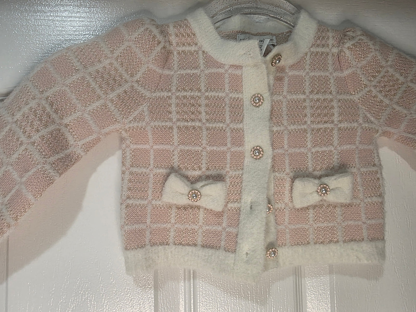 Cupcake and Cashmere Toddler/Girls (12 Months) Pink Cream Gold Threading Plaid Pattern Knit Cardigan