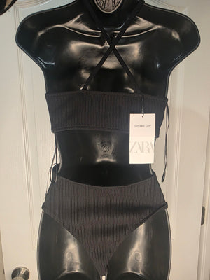 NWT Zara Women's S Black Ribbed Cotton Blend Cutout Bodysuit Snap Closure