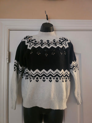 Anne Taylor Jeweled Faire Isle Black & White Sweater (PETITE Extra Small) - Gently Used