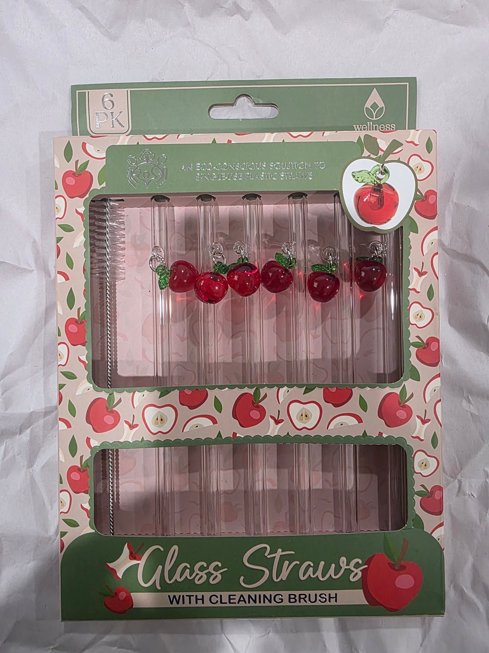 Glass Straws w/Dangling Apples (Set of 6)