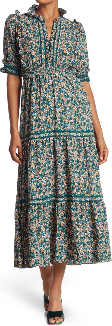 Elbow Length Sleeve Print Tiered Maxi Dress