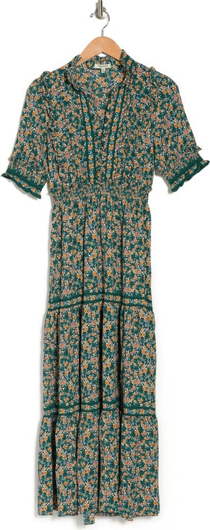 Elbow Length Sleeve Print Tiered Maxi Dress