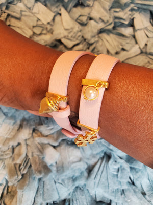 TORY BURCH Pink Leather Wrap Belted Bracelet with Gold-Plated Metal Accents