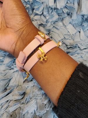 TORY BURCH Pink Leather Wrap Belted Bracelet with Gold-Plated Metal Accents