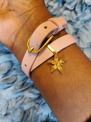 TORY BURCH Pink Leather Wrap Belted Bracelet with Gold-Plated Metal Accents