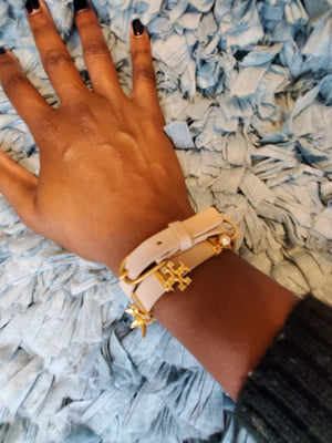 ﻿TORY BURCH Beige Leather Wrap Belted Bracelet with Gold-Plated Metal Accents